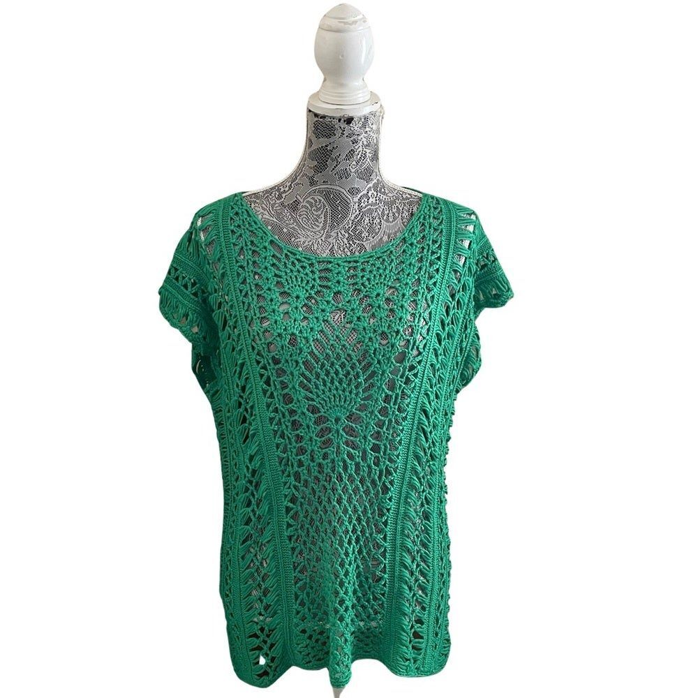 Chico’s Gloria Crochet Open Knit Pullover Sweater Green